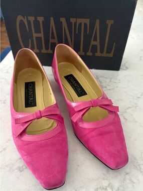 Vintage Chantal Women's Pink Suede and leather Bow Pointed-Toe Flats